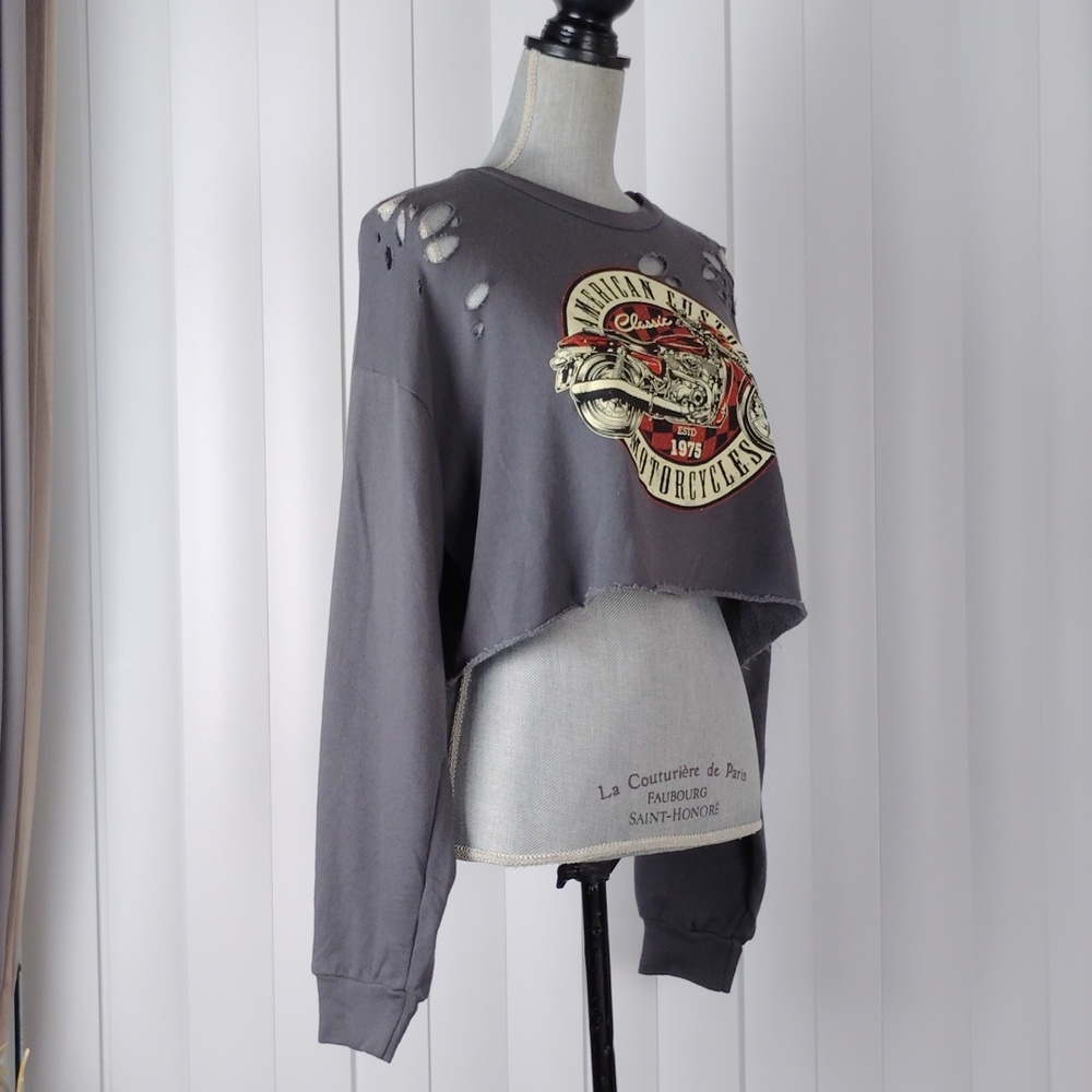 Windsor Distressed Grey Motorcycle Graphic Cropped Sweatshirt - Picture 5 of 14